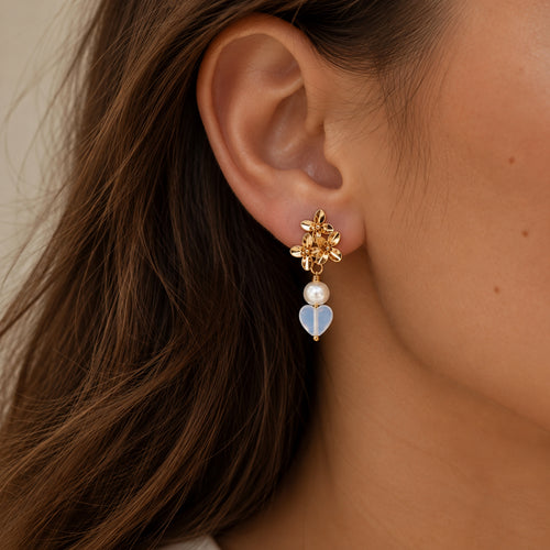 The Fiona gold floral pearl and opalite heart drop earrings by Nacre & Atlas