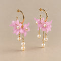 The Flora pink floral pearl drop earrings by Nacre & Atlas